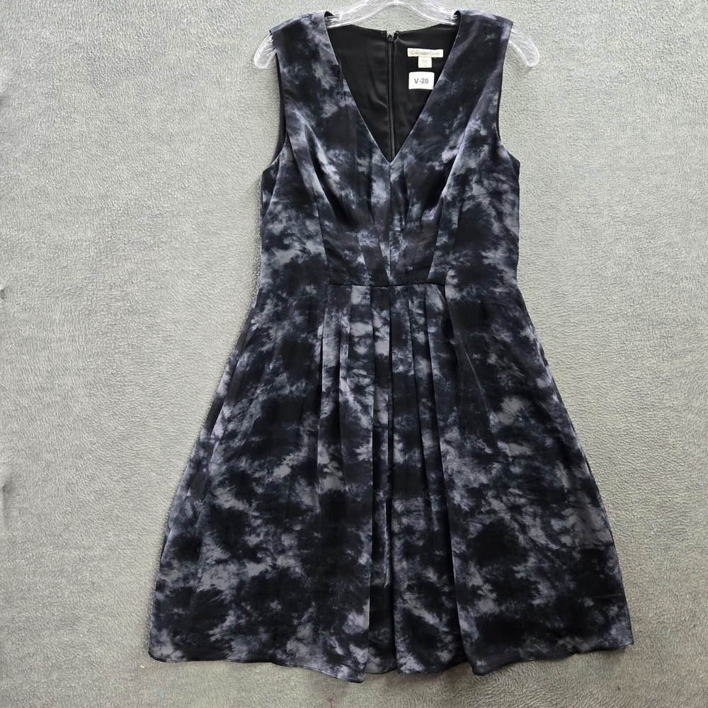 Coldwater Creek Women Dress 10 Black Tie Dye‎ Chiffon Pleated V Neck